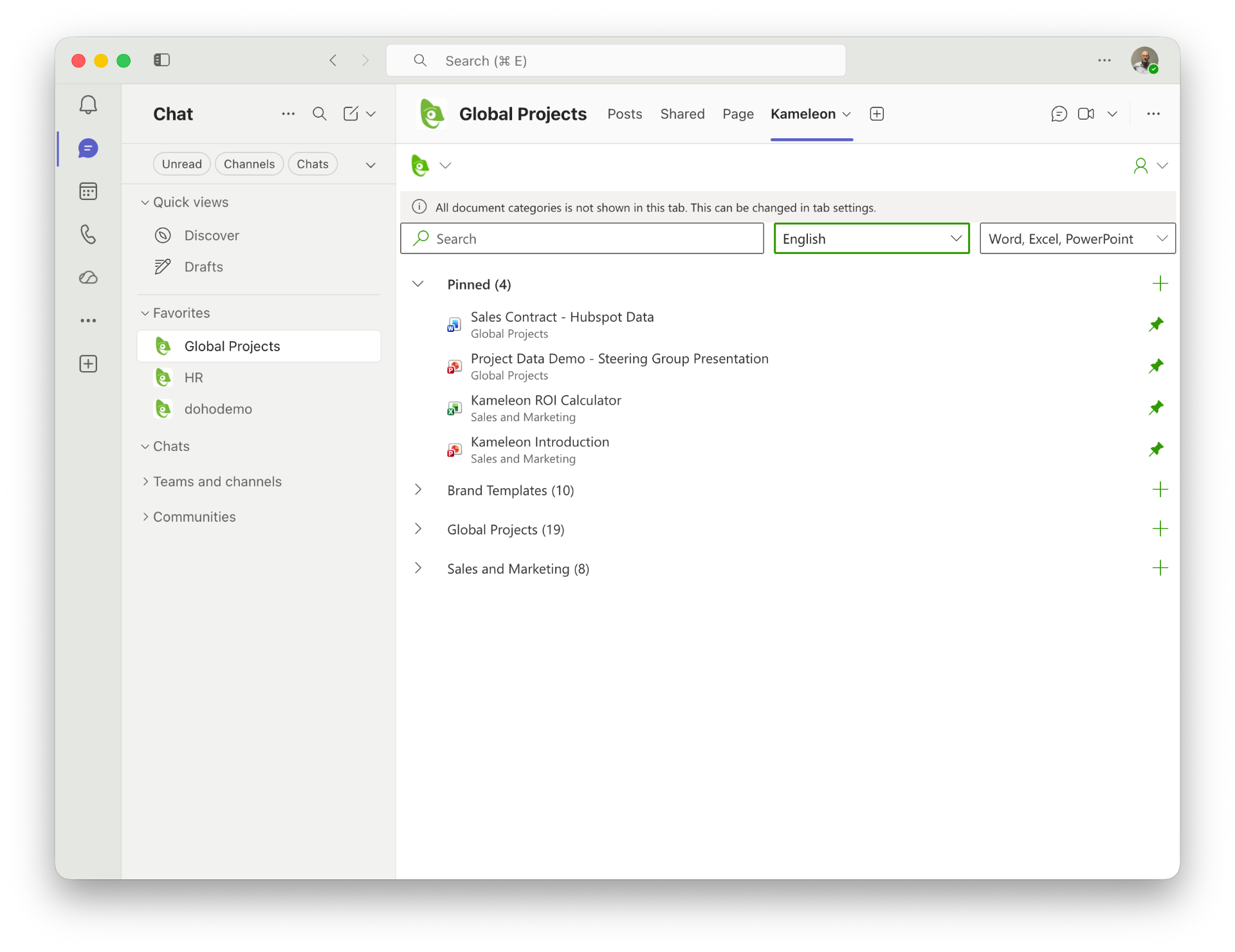 Kameleon Teams app inside a Global Projects channel with pinned templates and categories.