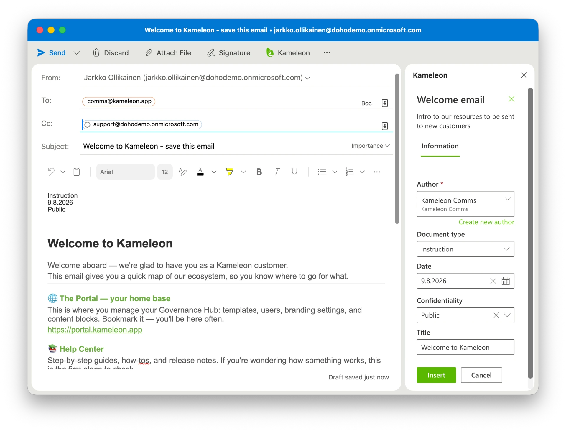 Kameleon add-in in Outlook inserting a governed signature with legal block