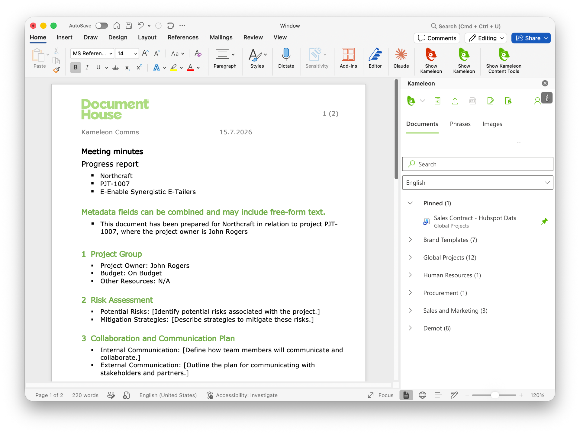 Kameleon Word add-in with a meeting minutes template and phrase library open in the side panel.