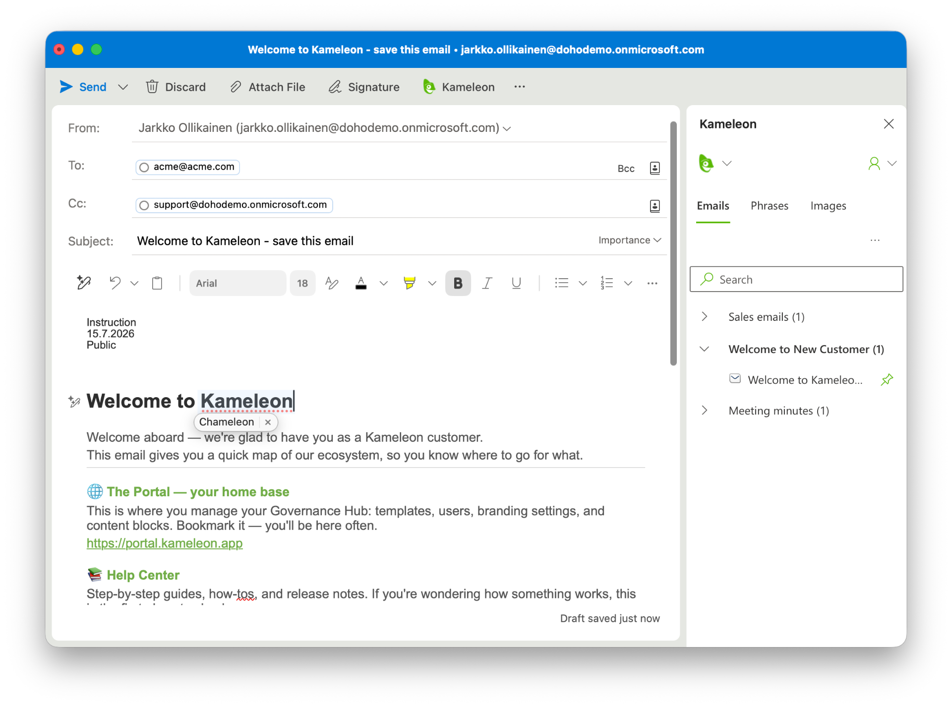 Kameleon Outlook add-in with an email template and phrase library alongside a welcome message.