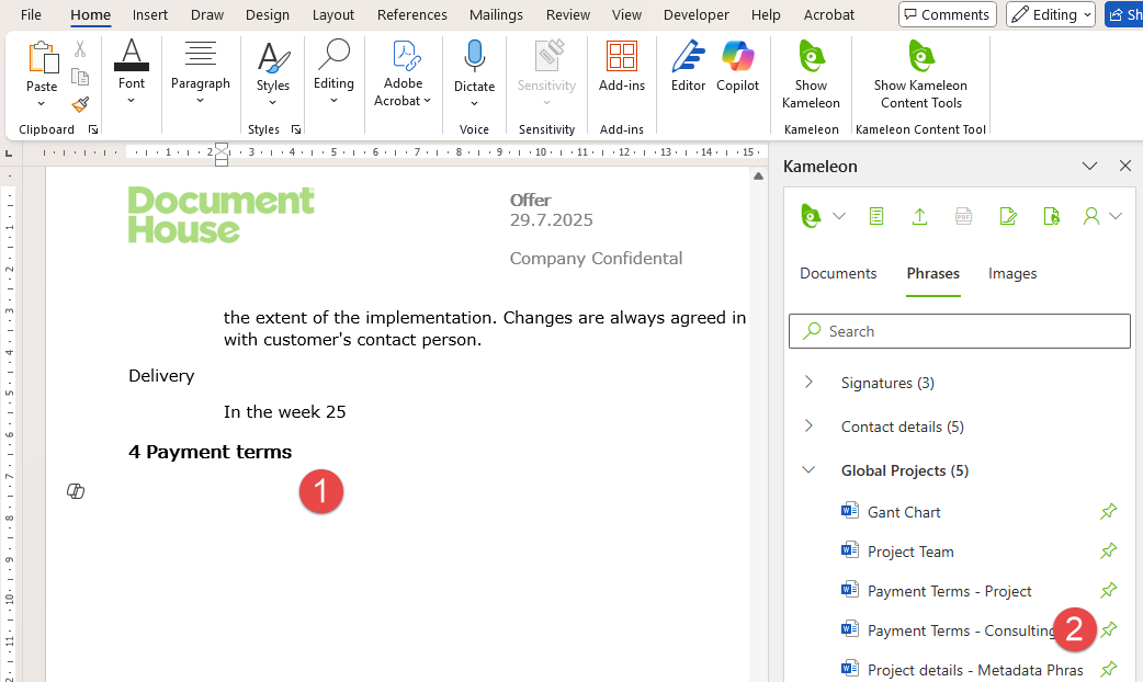 Kameleon task pane open in Microsoft Word with customer data fields filled from the ERP