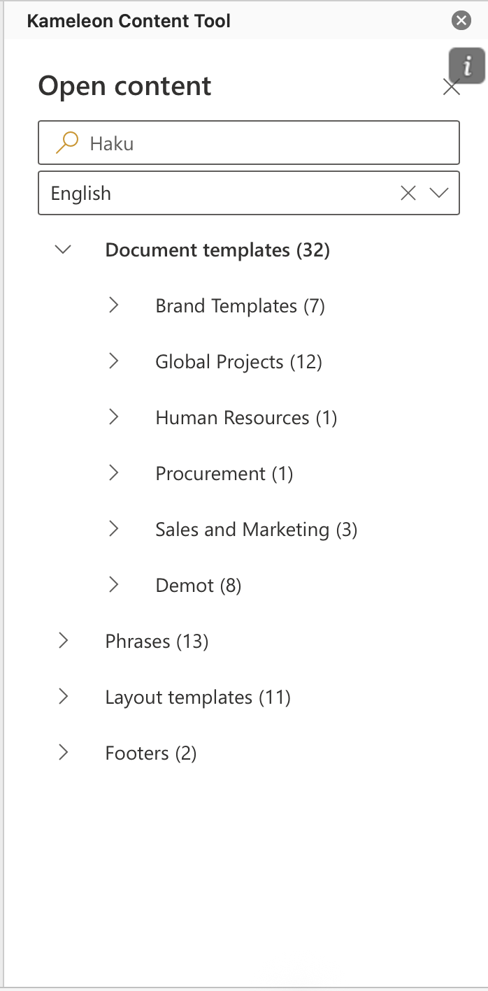 Kameleon Content Tool side panel with governed document templates, phrases, layouts and footers.