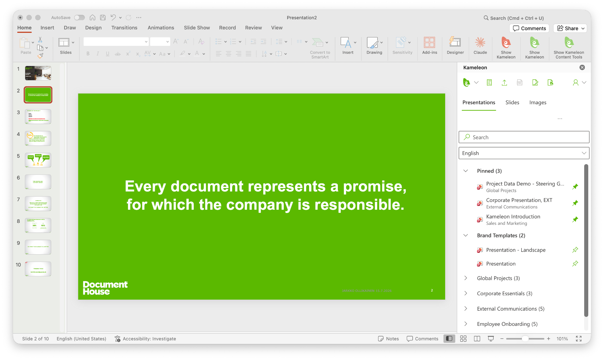Kameleon PowerPoint add-in with pinned presentations and brand templates in the side panel.