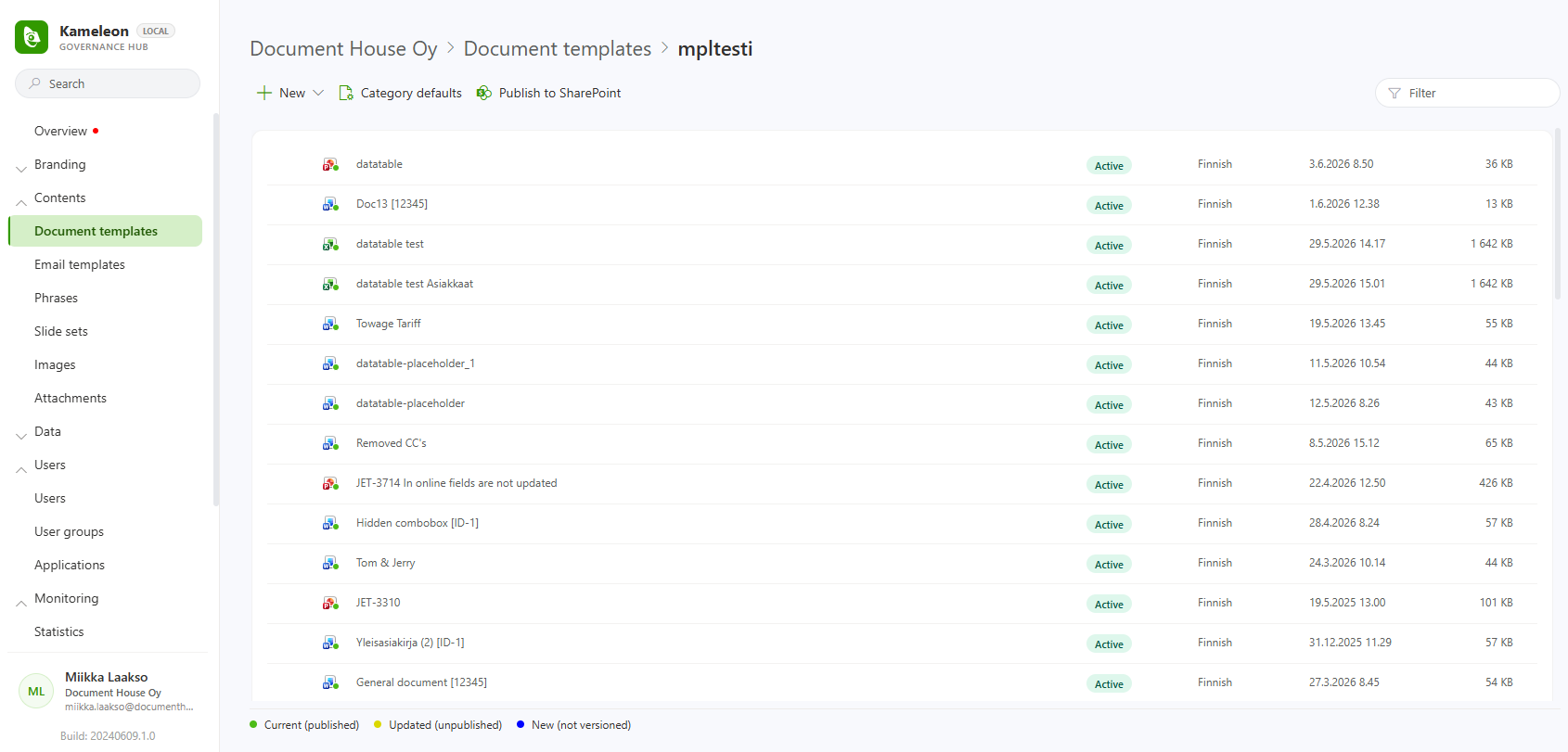 Kameleon Governance Hub showing governed document templates with version status, language and file size.